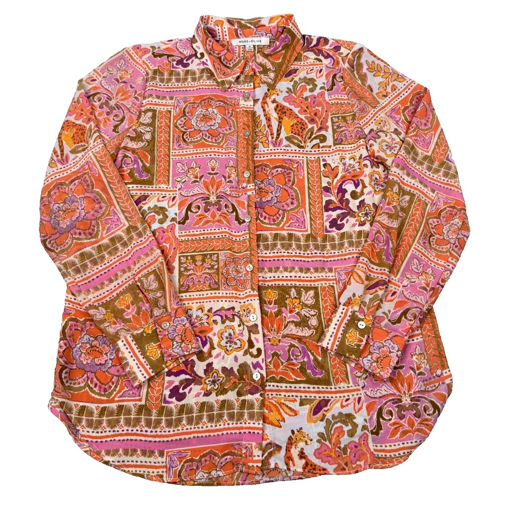Rose + Olive Shirt Womens M Orange Floral Patchwork Boho Retro Button Up Blouse